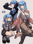  1girl bangs blue_hair blush breasts dress eyebrows_visible_through_hair highres jacket kula_diamond long_hair looking_at_viewer medium_breasts open_mouth ponytail red_eyes shirt simple_background skirt smile solo syachiiro the_king_of_fighters white_background 