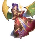  1girl bangs capelet dragon_wings dress essual_(layer_world) fire_emblem fire_emblem:_the_sacred_stones fire_emblem_heroes full_body gold_trim hair_ornament highres hood hood_down long_hair myrrh_(fire_emblem) non-web_source official official_art red_eyes short_dress solo stone toeless_footwear toes transparent_background twintails wings 