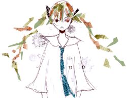  1girl abstract arms_at_sides black_ribbon brown_eyes brown_hair hair_between_eyes hatsune_miku light_frown long_hair masking_tape_(medium) mixed_media necktie purple_necktie ribbon ryono shirt solo straight-on three-quarter_sleeves traditional_media twintails unconventional_media upper_body vocaloid white_background white_shirt yume_to_fuzz_(vocaloid) 