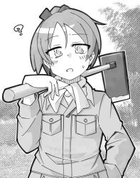  1girl ? absurdres alternate_costume breast_pocket commentary_request dress_shirt greyscale hand_in_pocket highres hoe kantai_collection looking_at_viewer monochrome parted_lips pocket ponytail scarf shikinami_(kancolle) shirt solo tatahai translation_request upper_body 
