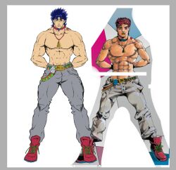  1boy abs araki_hirohiko_(style) belt birthmark blue_hair genda_art joestar_birthmark jojo_no_kimyou_na_bouken jonathan_joestar male_focus muscular muscular_male official_alternate_costume pants phantom_blood redrawn stone_mask_(jojo) 