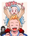  1girl 2boys arms_up black_hair blonde_hair blue_hair blush boku_no_hero_academia border brown_horns brown_sweater carrying child clenched_hands closed_eyes commentary eraser_head_(boku_no_hero_academia) eri_(boku_no_hero_academia) female_child hand_on_another&#039;s_leg happy highres horns long_hair long_sleeves looking_at_viewer multiple_boys nns146 open_mouth orange_background outside_border piggyback red_eyes red_skirt scar scar_on_cheek scar_on_face scarf short_hair single_horn skirt smile sparkle sweater teeth togata_mirio translation_request upper_teeth white_border 