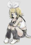  1girl arm_rest ascot bangs bare_shoulders blonde_hair blue_eyes bow closed_mouth detached_sleeves expressionless hair_bow hair_ornament hairclip hand_on_own_chin hand_on_own_face headset highres kagamine_rin knees_together_feet_apart leg_warmers limited_palette looking_at_viewer midriff navel number_tattoo pafufu sailor_collar shirt short_hair shorts shoulder_tattoo sleeveless sleeveless_shirt solo squatting swept_bangs tattoo treble_clef vocaloid yellow_ascot 