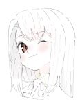 1girl ascot blush brown_eyes fate/stay_night fate_(series) illyasviel_von_einzbern long_hair looking_at_viewer monochrome one_eye_closed simple_background sketch smile solo spot_color tenoo12 upper_body white_background 