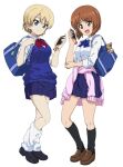  2girls :d alternate_costume blonde_hair blue_skirt bow bowtie braid brown_hair cellphone closed_mouth darjeeling_(girls_und_panzer) dress_shirt eyebrows_visible_through_hair french_braid full_body girls_und_panzer holding holding_phone kanau loafers looking_at_viewer loose_socks miniskirt multiple_girls nishizumi_miho phone plaid plaid_skirt school_uniform shirt shoes simple_background skirt smartphone smile white_background white_shirt 