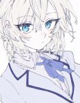  1girl anastasia_(idolmaster) blazer blue_eyes blush bow bowtie collared_shirt expressionless eyelashes highres idolmaster idolmaster_cinderella_girls jacket looking_at_viewer parted_lips shirt short_hair simple_background solo tenoo12 upper_body white_background white_hair 