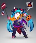  1girl :3 ahoge animal_ears animal_hands animal_nose anklet arm_up armlet bangs blue_hair blue_headwear blue_legwear blue_overalls blue_ribbon body_fur bow breasts candy claws commentary demon_wings english_commentary fangs food fox_ears fox_girl fox_tail full_body fur_collar furry furry_female garter_straps gradient gradient_background green_eyes grey_background hair_ribbon halloween halloween_bucket hand_up happy hat heterochromia holding intravenous_drip jewelry legs_apart lollipop long_hair long_sleeves looking_to_the_side low_wings medium_breasts miniskirt multicolored_hair nurse_cap open_mouth original outstretched_arm overalls oversized_object paw_print pawpads pink_footwear pleated_skirt purple_bow purple_skirt purple_wings red_eyes red_fur ribbon road_sign shoes sidelocks sign simple_background single_shoe single_wing skirt smile solo speech_bubble standing star-shaped_pupils star_(symbol) streaked_hair symbol-shaped_pupils tail test_tube thigh-highs tomato_juice torn_clothes torn_legwear twintails two-tone_fur two-tone_hair uyu_(soda_uyu) very_long_hair whiskers white_fur wings 