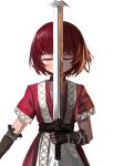  1girl arcturus bangs brown_gloves closed_eyes commentary cowboy_shot dokomon dress gloves highres holding holding_sword holding_weapon korean_commentary maria_kates red_dress redhead short_hair short_sleeves simple_background solo sword weapon white_background 