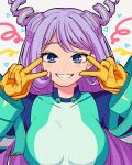  1girl blue_eyes blush boku_no_hero_academia breasts collarbone double_v eyebrows_visible_through_hair gloves hadou_nejire hand_on_own_face large_breasts long_hair looking_at_viewer nns146 purple_hair simple_background smile solo v white_background 