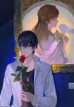  1boy 1girl back bangs black_shirt brown_hair closed_eyes closed_mouth clouds dog_tags dress flower highres holding holding_flower jacket laoyepo lipstick long_hair long_sleeves makeup marius_von_hagen_(tears_of_themis) portrait_(object) purple_dress red_flower red_rose rosa_(tears_of_themis) rose shirt short_hair smile snake tears_of_themis toga violet_eyes white_jacket 