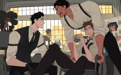  1girl 6+boys beard_stubble black_gloves black_necktie black_pants black_vest blonde_hair brown_hair chinese_commentary collared_shirt commentary_request cup dark-skinned_male dark_skin dingnin98201637 eye_contact facial_hair fangs glasses gloves gwen_stacy headband highres hobie_brown holding holding_cup long_hair looking_at_another marvel miguel_o&#039;hara miles_morales multiple_boys necktie pants pavitr_prabhakar peter_b_parker profile rubik&#039;s_cube shirt short_hair sleeves_rolled_up spider-man:_across_the_spider-verse spider-man_(series) spider-verse stubble vest white_shirt 