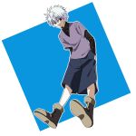  1boy bangs black_eyes black_sweater blue_shorts boots brown_footwear closed_mouth commentary full_body hands_in_pockets highres hunter_x_hunter killua_zoldyck leaning_forward long_sleeves male_focus purple_shirt shirt shorts simple_background smirk solo spiky_hair sweater two-tone_background white_hair yakiniku_kuwasero 