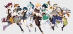  6+boys aether_(genshin_impact) ahoge animal_ears aqua_eyes arm_up armor bandaid bandaid_on_face bandaid_on_nose bangs belt bennett_(genshin_impact) black_gloves black_hair blonde_hair blue_hair boots bow braid brown_gloves brown_hair cape chongyun_(genshin_impact) closed_mouth commentary_request dog_boy dog_ears dog_tail earrings fang fingerless_gloves flower frilled_sleeves frills full_body genshin_impact gloves goggles goggles_on_head gorou_(genshin_impact) gradient_hair green_eyes green_headwear grey_background grey_hair hair_between_eyes hair_ornament hat highres hood hood_up japanese_armor japanese_clothes jewelry knee_boots kote kurokote light_blue_hair long_hair long_sleeves looking_at_viewer male_focus mmmgnsn multicolored_hair multiple_boys open_mouth orange_eyes orange_gloves pants parted_lips partially_fingerless_gloves ponytail razor_(genshin_impact) red_eyes redhead scar scar_on_arm shikanoin_heizou short_sleeves shorts simple_background single_braid single_earring sleeveless streaked_hair tail tassel tassel_earrings thumbs_up toeless_footwear twin_braids venti_(genshin_impact) vision_(genshin_impact) white_hair white_legwear xingqiu_(genshin_impact) 