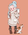  1girl backpack bag blush boku_no_hero_academia boots cat child eri_(boku_no_hero_academia) grey_hair hair_bun highres horns light_blue_hair long_hair nns146 open_mouth pants ponytail red_background red_eyes simple_background single_horn smile solo sweater 