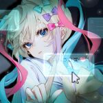  1girl blonde_hair blue_bow blue_eyes blue_hair blue_nails bow chinese_commentary chouzetsusaikawa_tenshi-chan cursor eyebrows_behind_hair eyelashes hair_bow heart lanbobo35568 long_hair multicolored_hair multicolored_nails multiple_hair_bows needy_girl_overdose pink_bow pink_hair pink_nails purple_bow sailor_collar sailor_shirt shirt solo white_shirt yellow_nails 