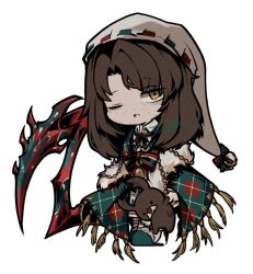  1boy arthropod_limbs bow brown_hair christmas_nightmare_(e.g.o) collared_shirt deformed e.g.o_(project_moon) facial_hair full_body green_shawl green_slippers gregor_(project_moon) hair_down hat holding holding_stuffed_toy limbus_company long_hair looking_at_viewer male_focus one_eye_closed open_mouth project_moon red_bow shirt simple_background slippers socks solo standing stuffed_toy white_background white_hat white_shirt white_socks yellow_eyes zeremi0102 