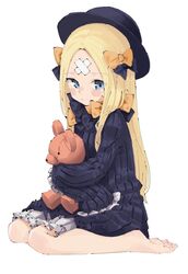  1girl abigail_williams_(fate) bandaid bandaid_on_face bandaid_on_forehead bangs bare_shoulders barefoot black_bow black_dress black_headwear blonde_hair bloomers blue_eyes blush blush_stickers bow crossed_bandaids dress fate/grand_order fate_(series) frown full_body hair_bow hat highres holding holding_stuffed_toy long_hair multiple_bows multiple_hair_bows orange_bow parted_bangs simple_background sitting sketch sleeves_past_fingers sleeves_past_wrists solo stuffed_animal stuffed_toy teddy_bear tenoo12 underwear wariza white_background white_bloomers 