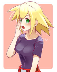  1girl belt black_shirt blonde_hair collarbone covered_navel green_eyes long_hair looking_at_viewer mega_man_(series) mega_man_legends_(series) open_mouth rikka_(user_hruv2435) roll_caskett_(mega_man) shirt solo yawning 