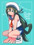  1girl aqua_background asui_tsuyu black_eyes blush boku_no_hero_academia collarbone green_hair hands_on_floor hat highres knees long_hair looking_at_viewer military military_uniform naval_uniform navy nns146 shoes shorts simple_background sneakers socks solo squatting thighs tongue tongue_out uniform 