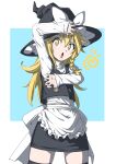  1girl :o apron back_bow black_headwear black_legwear black_skirt black_vest blonde_hair blue_background bow commentary_request cowboy_shot frilled_apron frills hair_between_eyes hat hat_bow highres inuno_rakugaki kirisame_marisa long_hair long_sleeves looking_at_viewer miniskirt open_mouth shirt simple_background skirt solo striped striped_shirt thigh-highs thighs touhou vest waist_apron white_apron white_bow white_shirt witch_hat yellow_eyes 