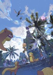  1girl 3boys 6+others alolan_grimer black_belt_(pokemon) building clouds dark-skinned_male dark_skin drifloon e_volution gumshoos highres ilima_(pokemon) komala looking_at_viewer milky_way multiple_boys multiple_others palm_tree pink_hair pokemon pokemon_sm sky skyscraper smeargle star_(sky) sunlight tree trumbeak yungoos 