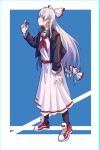  1girl alternate_costume bangs black_jacket black_legwear blunt_bangs blush bow candy casual chromatic_aberration commentary contemporary food fujiwara_no_mokou full_body hair_bow hand_up highres holding holding_candy holding_food holding_lollipop jacket kiliko-san kneehighs lollipop long_hair long_skirt long_sleeves looking_at_viewer neckerchief open_clothes open_jacket parted_lips red_eyes red_footwear red_neckerchief sailor_collar shirt shoes sideways_glance skirt sneakers solo standing touhou very_long_hair white_bow white_hair white_sailor_collar white_shirt white_skirt 