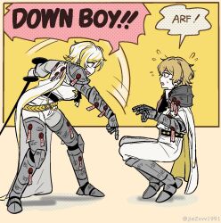  1boy 1girl armor armored_boots belt black_belt blonde_hair blue_eyes boots breasts cape down_boy!!_(meme) faust_(project_moon) full_body gauntlets highres holding holding_nail large_breasts limbus_company meme multicolored_hair n_corp._fanatic_(identity)_(project_moon) nail_(hardware) ohzv open_mouth pants pauldrons project_moon shirt short_hair shoulder_armor sinclair_(project_moon) smile streaked_hair talisman wax_seal white_cape white_hair white_pants white_shirt yellow_background yellow_belt yellow_eyes 