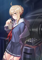  1girl ahoge artoria_pendragon_(fate) bangs black-framed_eyewear black_jacket black_shirt black_skirt braid eyebrows_visible_through_hair fate/grand_order fate_(series) from_side glasses hand_up highres holding jacket long_sleeves miniskirt mysterious_heroine_x_alter_(fate) neckerchief nonderi open_clothes open_jacket orange_eyes pleated_skirt red_neckerchief shiny shiny_hair shirt short_hair skirt solo 