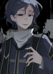  1boy black_background black_eyes chinese_commentary commentary_request gouqiaiciruijinna grey_hair grey_jacket hand_up highres jacket long_sleeves male_focus open_mouth saibou_shinkyoku shirt short_hair smile solo stole upper_body utsugi_noriyuki variant_set white_shirt 