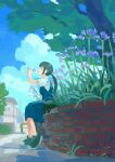  1girl absurdres bangs black_footwear black_hair bottle city closed_eyes clouds cloudy_sky commentary day drinking flower from_side grass hand_up highres katakai long_hair original outdoors overalls plant ponytail shoes sitting sky sneakers solo tree water_bottle 