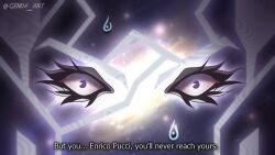  1boy bloodshot_eyes close-up colored_eyelashes english_text enrico_pucci genda_art highres jojo_no_kimyou_na_bouken long_eyelashes male_focus solo stone_ocean subtitled sweat violet_eyes wide-eyed 