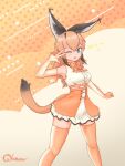 1girl animal_costume animal_ears blue_eyes bow bowtie caracal_(kemono_friends) caracal_ears elbow_gloves gloves highres kemono_friends kemono_friends_v_project long_hair looking_at_viewer microphone nokemono-san_(bocchi_friend) one_eye_closed open_mouth orange_hair shirt skirt sleeveless sleeveless_shirt smile solo tail virtual_youtuber