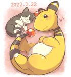  :3 ampharos black_eyes blush cat closed_mouth commentary_request dated from_above heart lying no_humans notice_lines on_side pokemon pokemon_(creature) signature smile tansho 