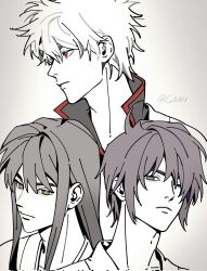  3boys closed_mouth commentary commentary_request expressionless gean gintama green_eyes grey_background grey_hair greyscale hair_between_eyes highres japanese_clothes katsura_kotarou long_hair looking_at_viewer looking_to_the_side male_focus monochrome multiple_boys popped_collar portrait red_eyes sakata_gintoki short_hair sidelocks spot_color takasugi_shinsuke white_hair yellow_eyes 