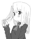  1girl ascot blush dot_mouth fate/stay_night fate_(series) greyscale highres illyasviel_von_einzbern jacket long_hair looking_at_viewer monochrome playing_with_own_hair simple_background sketch solo tenoo12 upper_body white_background 