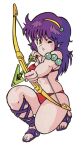  1girl ankle_lace-up arrow_(projectile) athena_(series) bikini bow_(weapon) cross-laced_sandals drawing_bow full_body hairband holding holding_arrow holding_bow_(weapon) holding_weapon long_hair non-web_source official_art one_eye_closed open_mouth princess_athena purple_hair red_bikini simple_background solo squatting swimsuit weapon white_background yellow_eyes 