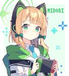  1girl :&lt; blonde_hair blue_archive blue_necktie bow cat_ear_headphones character_name green_bow green_eyes halo handheld_game_console headphones highres holding holding_handheld_game_console jacket midori_(blue_archive) necktie nintendo_switch playing_games school_uniform shirt solo upper_body white_shirt zoirun 