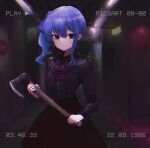  1girl absurdres axe black_dress blue_eyes blue_hair blurry blurry_background closed_mouth dress empty_eyes hair_ribbon highres hiikua holding holding_weapon hololive hoshimachi_suisei ribbon short_hair side_ponytail solo virtual_youtuber weapon 