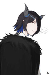  1boy absurdres black_cloak black_hair black_horns blue_hair cloak closed_mouth colored_inner_hair fur-trimmed_cloak fur_trim hair_over_one_eye highres hololive hololive_english horns joadv malphis_ravencroft_ii multicolored_hair red_eyes simple_background slit_pupils solo virtual_youtuber white_background 