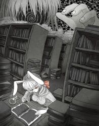  2girls absurdres alice_(black_souls) animal_ears black_souls book bookshelf breasts candle clock_necklace commentary_request desk faceless giant giantess greyscale highres long_hair long_sleeves monochrome multiple_girls node_(black_souls) open_book orange_eyes orange_ribbon partially_colored rabbit_ears reaching ribbon spiral sweater zanmu_no_sora 