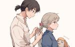  1boy 1girl bow braiding_hair dango_(uni_520) dog hairdressing heen howl_(howl_no_ugoku_shiro) howl_no_ugoku_shiro pink_bow simple_background sophie_(howl_no_ugoku_shiro) studio_ghibli white_background 