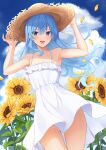  1girl :d alternate_costume arms_up blue_eyes blue_hair blue_sky clouds dress flower hat highres hololive hoshimachi_suisei outdoors sky smile solo straw_hat sundress sunflower terry_(pixiv3274443) virtual_youtuber white_dress wind wind_lift 