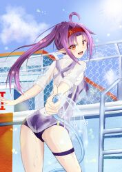  1girl :d absurdres ahoge backless_swimsuit blue_sky breasts clouds cloudy_sky commentary_request cowboy_shot day empty_pool eyelashes from_behind headband highres holding holding_hose hose konno_yuuki_(sao) light_blush long_hair long_sidelocks looking_at_viewer looking_back medium_breasts misuse_marin one-piece_swimsuit open_mouth outdoors pointy_ears ponytail pool pool_ladder purple_hair purple_one-piece_swimsuit red_eyes red_headband school_swimsuit see-through_clothes see-through_shirt shirt sidelocks sky smile solo standing swimsuit sword_art_online teeth thigh_strap three-quarter_sleeves upper_teeth_only water wet white_shirt 