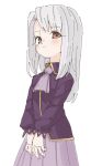  1girl ascot blush brown_eyes cowboy_shot fate/stay_night fate_(series) highres illyasviel_von_einzbern jacket looking_at_viewer own_hands_together pleated_skirt purple_jacket simple_background sketch skirt smile solo tenoo12 white_background white_hair 