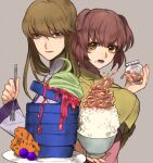  2girls back-to-back bad_food bangs bowl breasts brown_eyes brown_hair brown_jacket expressionless flat_chest food food_on_face holding holding_bowl holding_jar irie_tamaki jacket jar kugimiya_kei large_breasts looking_at_viewer majestic_prince multiple_girls open_mouth oshioyu pink_shirt purple_shirt rice shirt short_hair syrup two_side_up violet_eyes 
