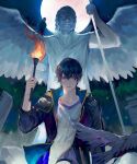  1boy bangs bird black_jacket crow dress fire full_moon highres holding holding_torch jacket laoyepo long_sleeves looking_at_viewer marius_von_hagen_(tears_of_themis) moon open_clothes open_jacket open_mouth outdoors purple_dress shirt short_sleeves solo tears_of_themis torch upper_body violet_eyes white_shirt 