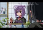  1girl absurdres ahoge animal_ears black_hair breasts cat_ears chun_1234567 collar earrings highres hololive hood hoodie jewelry mirror nekomata_okayu plant potted_plant purple_hair reflection short_hair solo toothbrush toothpaste violet_eyes virtual_youtuber 