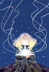  1girl absurdres black_dress blonde_hair blue_background closed_eyes closed_mouth collared_dress colored_inner_hair commentary_request crossed_arms dress eyelashes floating_hair gradient_hair hands_up highres holding masking_tape_(medium) medium_hair mixed_media multicolored_hair orange_hair original pink_hair ryono sidelocks signature smile solo swept_bangs traditional_media twitter_username unconventional_media upper_body web_address 