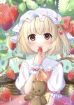  1girl :d apple bangs blonde_hair blueberry blurry blush bow eyebrows_visible_through_hair fangs flandre_scarlet food frilled_shirt_collar frills fruit grapes hat highres holding holding_food holding_fruit looking_at_viewer mob_cap open_mouth puffy_short_sleeves puffy_sleeves red_bow ribbon shiotsuku1210 shirt short_hair short_sleeves signature smile solo strawberry stuffed_animal stuffed_toy teddy_bear touhou upper_body white_headwear white_shirt wrist_cuffs 