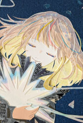  1girl absurdres black_dress blonde_hair blue_background close-up closed_eyes closed_mouth collared_dress colored_eyelashes colored_inner_hair commentary_request dress eyelashes floating_hair gradient_hair hands_up highres holding masking_tape_(medium) medium_hair mixed_media multicolored_hair orange_hair original photo_(medium) pink_hair portrait ryono sidelocks smile solo swept_bangs traditional_media unconventional_media web_address 